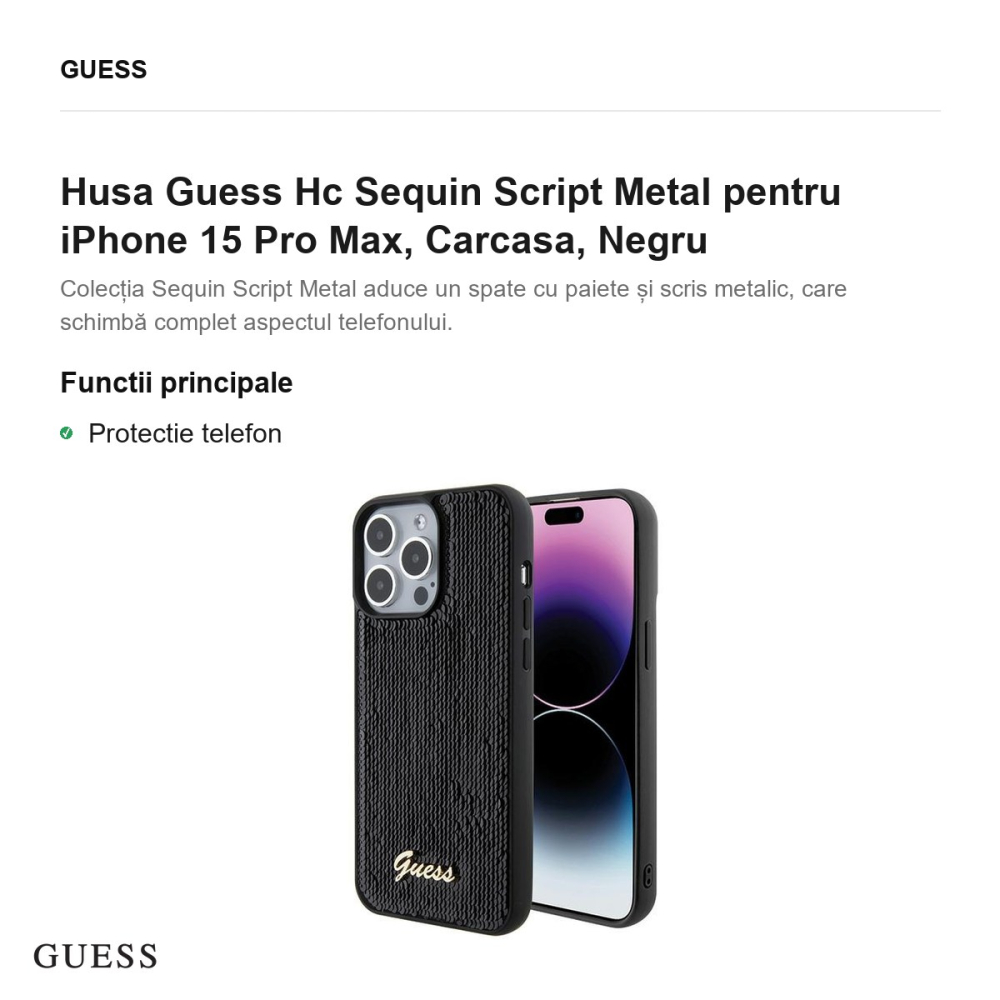 Husa Guess Hc Sequin Script Metal pentru iPhone 15 Pro Max, Carcasa, Negru [2]