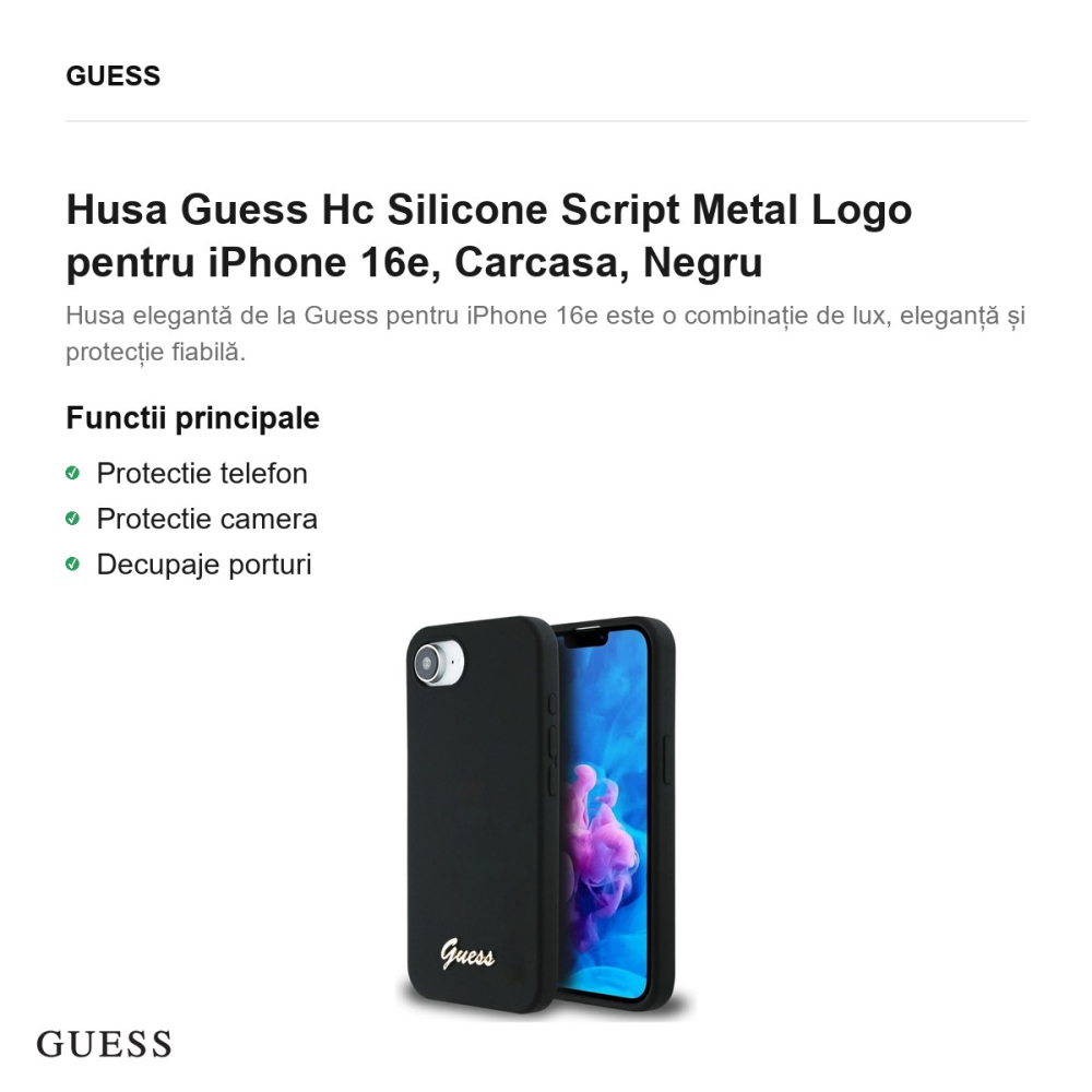 Husa Guess Hc Silicone Script Metal Logo pentru iPhone 16e, Carcasa, Negru [2]