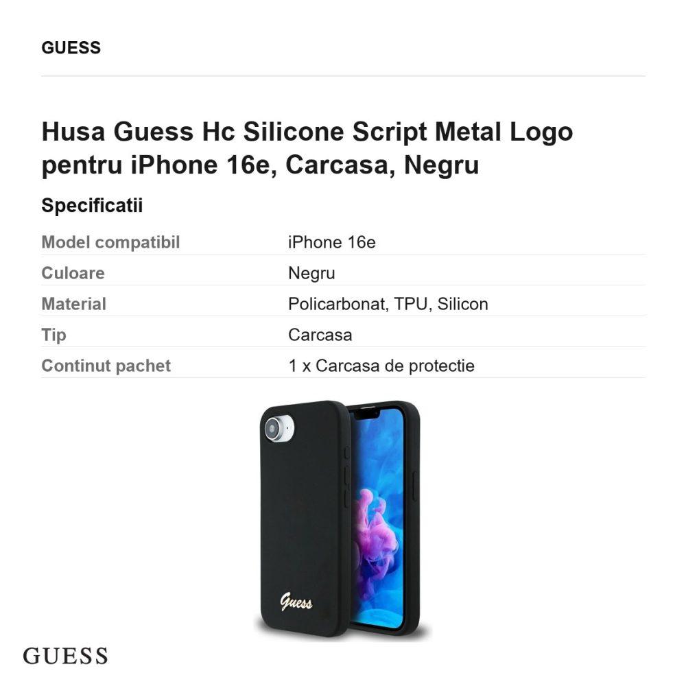 Husa Guess Hc Silicone Script Metal Logo pentru iPhone 16e, Carcasa, Negru [3]