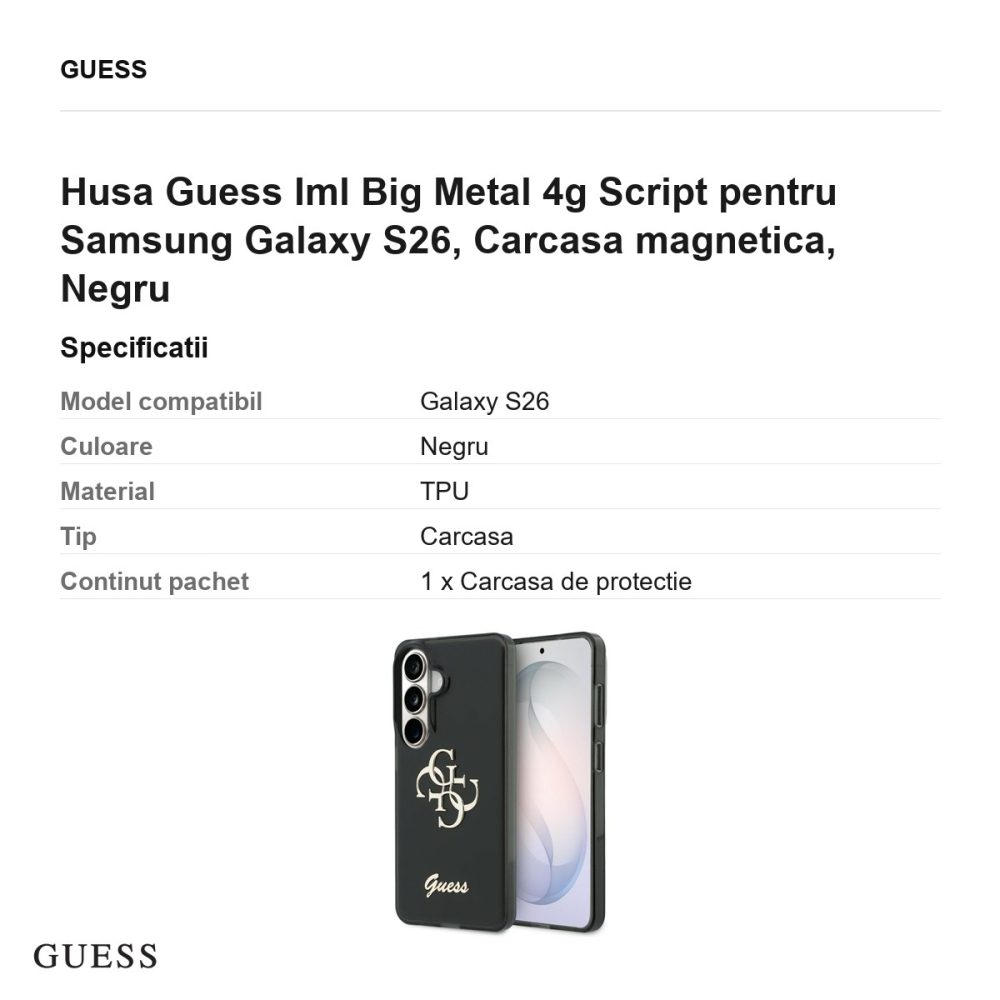 Husa Guess Iml Big Metal 4g Script pentru Samsung Galaxy S26, Carcasa magnetica, Negru [3]