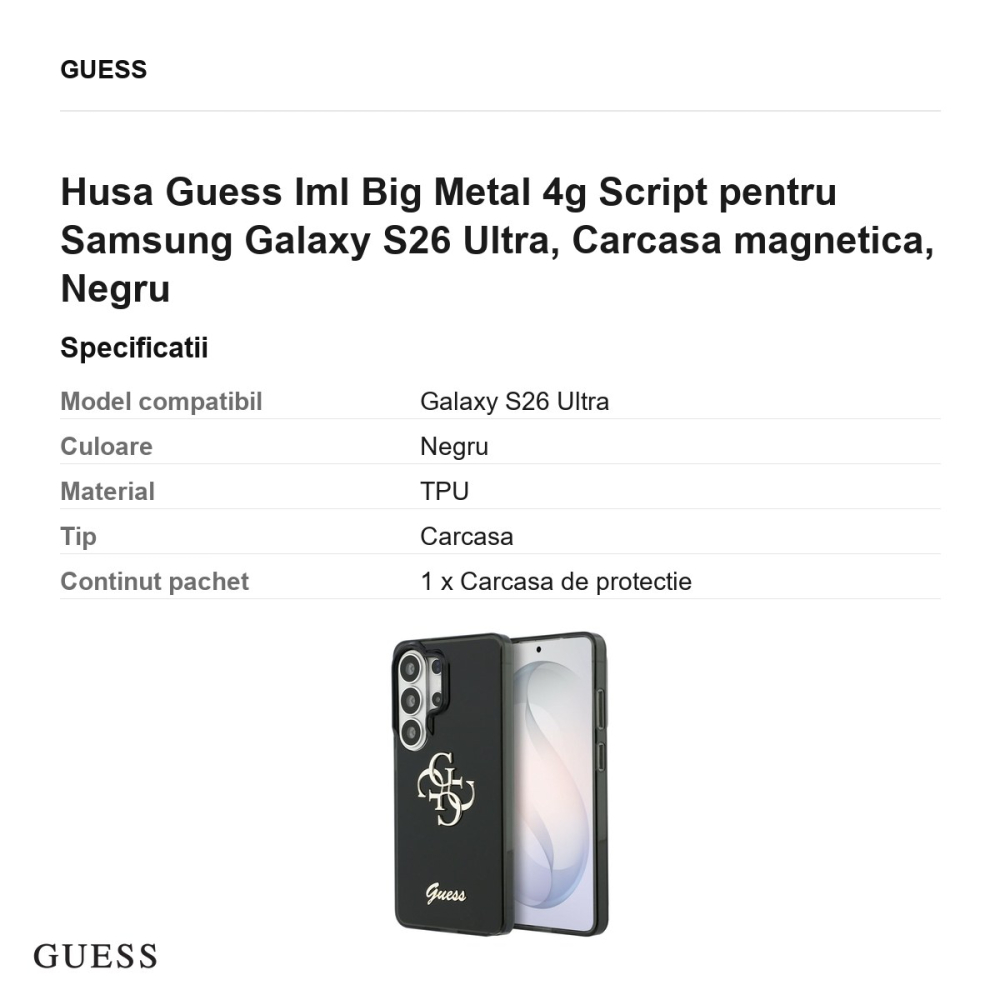Husa Guess Iml Big Metal 4g Script pentru Samsung Galaxy S26 Ultra, Carcasa magnetica, Negru [3]