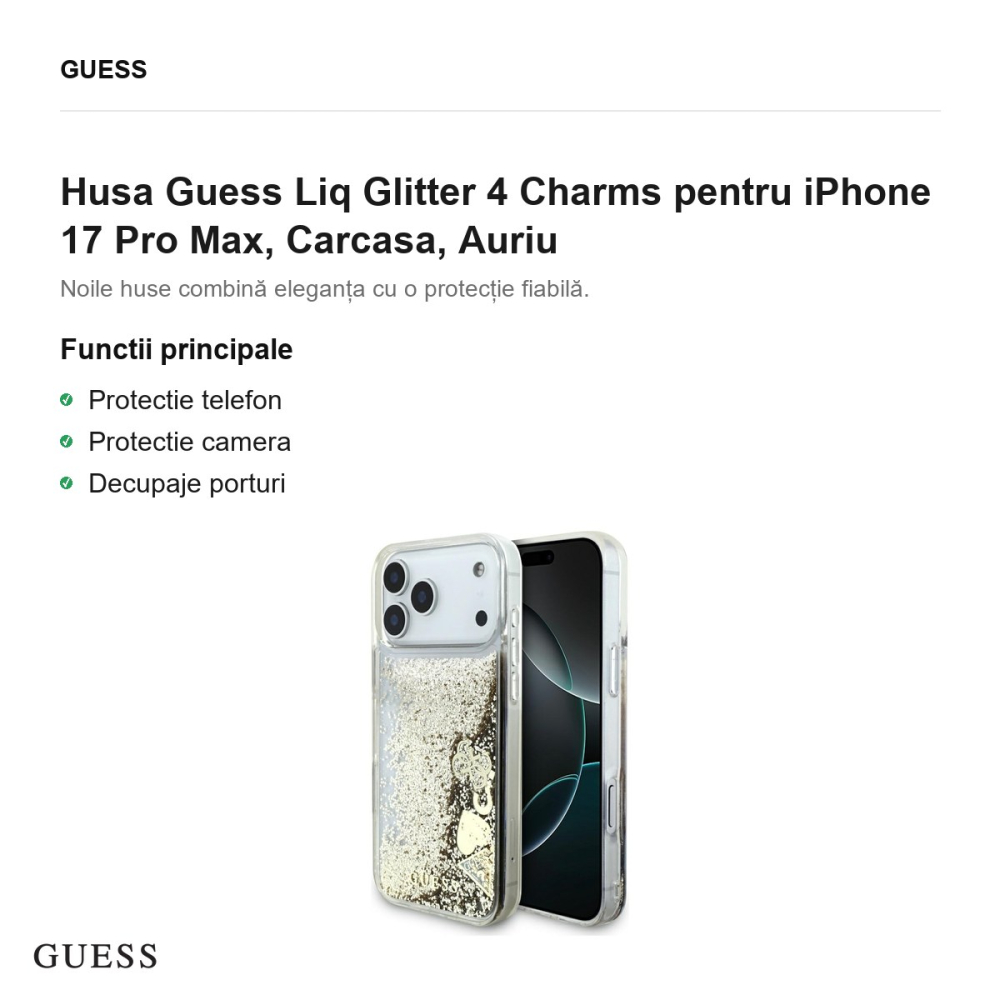 Husa Guess Liq Glitter 4 Charms pentru iPhone 17 Pro Max, Carcasa, Auriu [2]