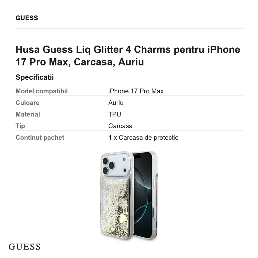 Husa Guess Liq Glitter 4 Charms pentru iPhone 17 Pro Max, Carcasa, Auriu [3]