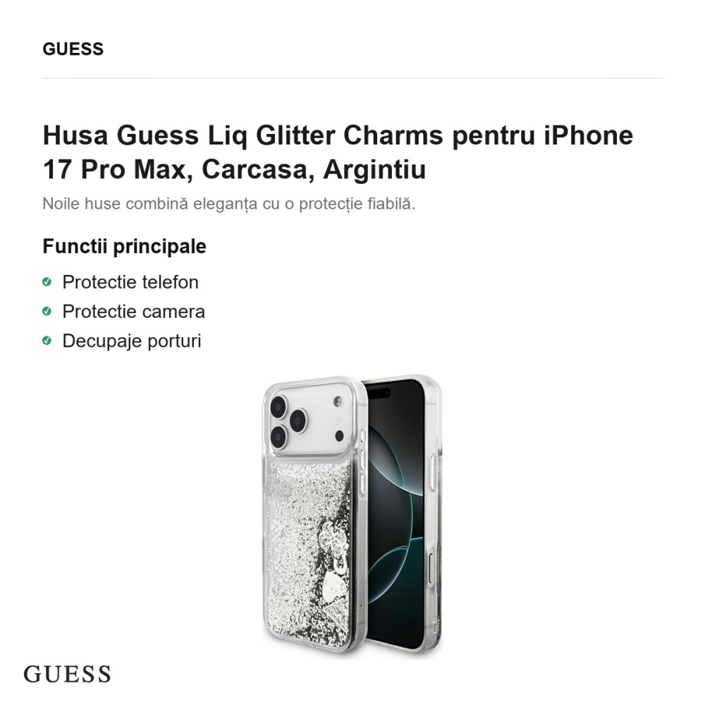 Husa Guess Liq Glitter Charms pentru iPhone 17 Pro Max, Carcasa, Argintiu [2]
