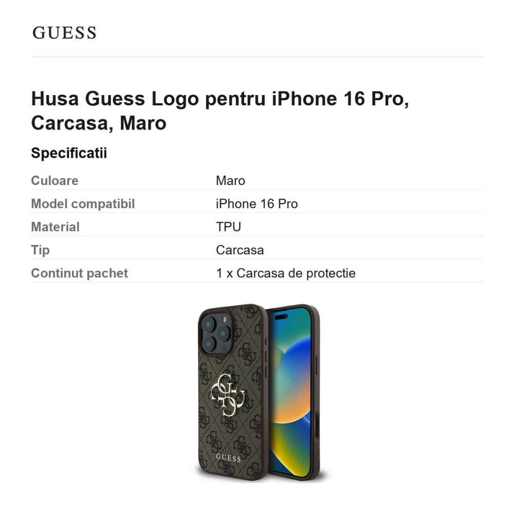 Husa Guess Logo pentru iPhone 16 Pro, Carcasa, Maro [3]
