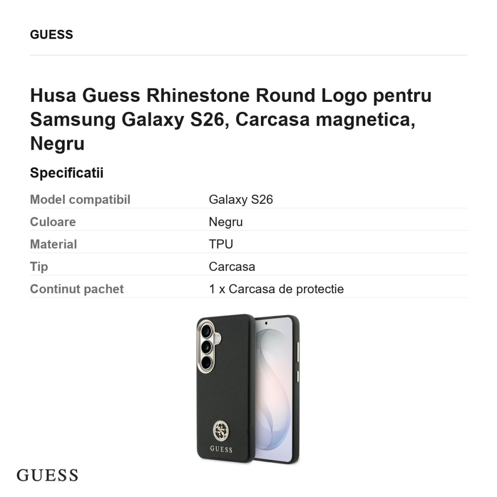 Husa Guess Rhinestone Round Logo pentru Samsung Galaxy S26, Carcasa magnetica, Negru [3]