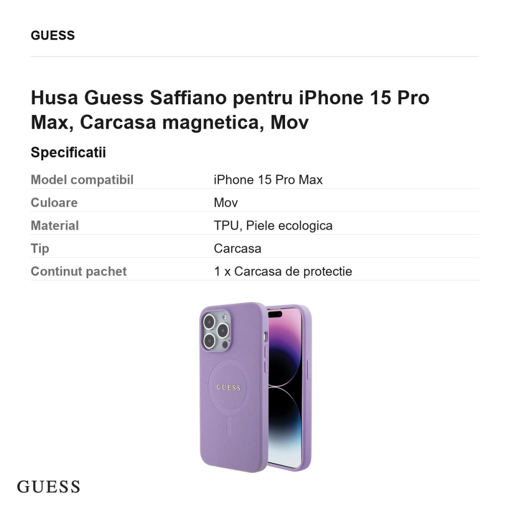 Husa Guess Saffiano pentru iPhone 15 Pro Max, Carcasa magnetica, Mov [3]