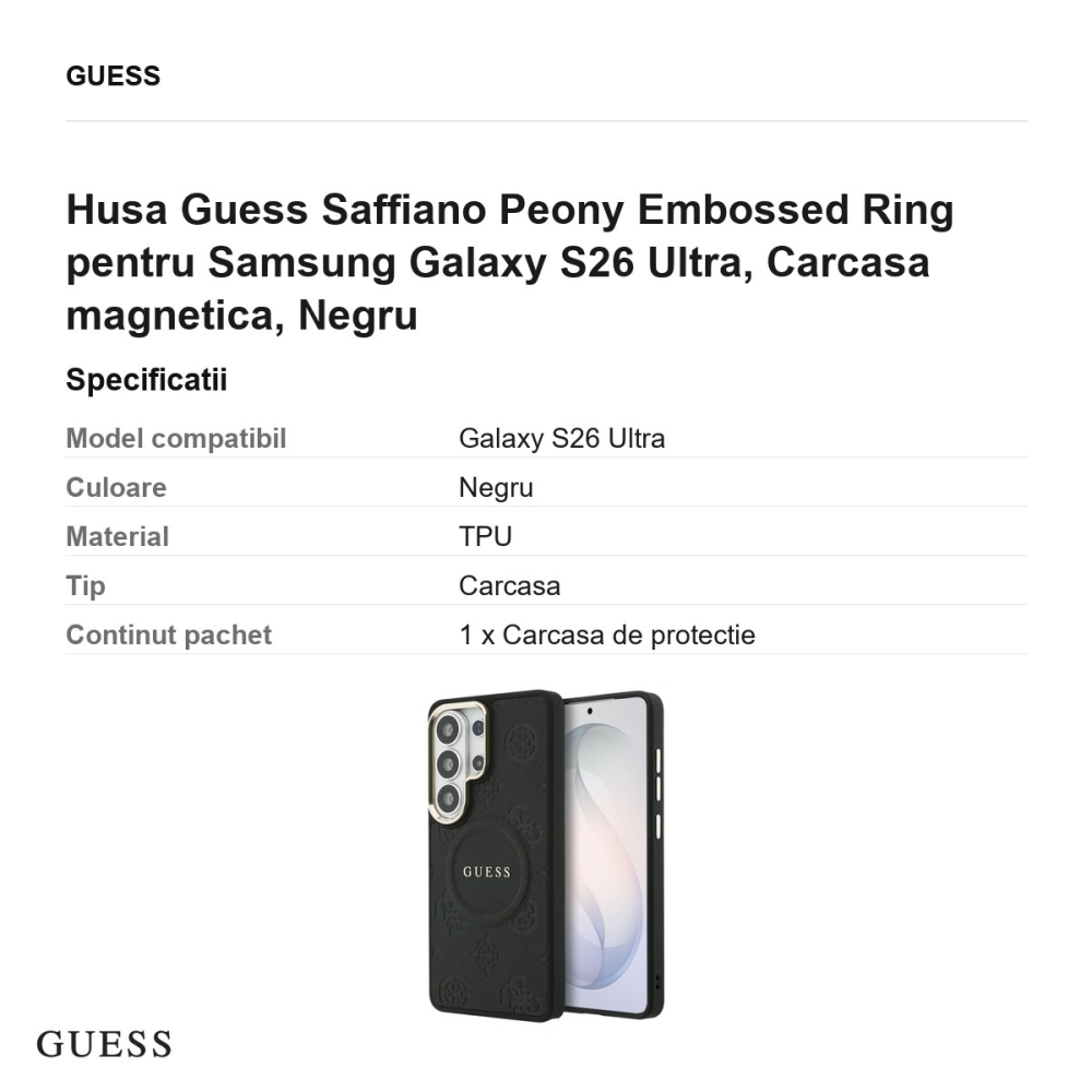 Husa Guess Saffiano Peony Embossed Ring pentru Samsung Galaxy S26 Ultra, Carcasa magnetica, Negru [3]