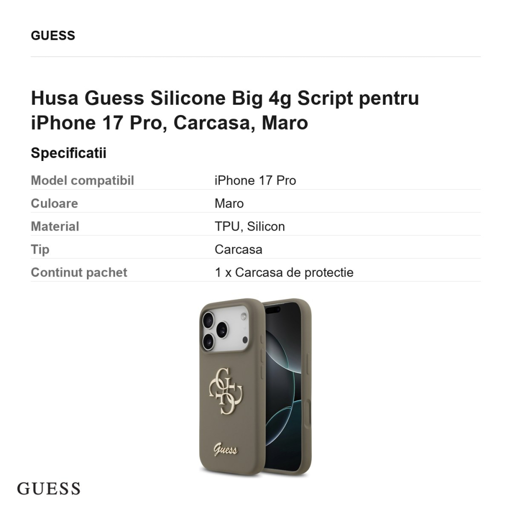 Husa Guess Silicone Big 4g Script pentru iPhone 17 Pro, Carcasa, Maro [3]