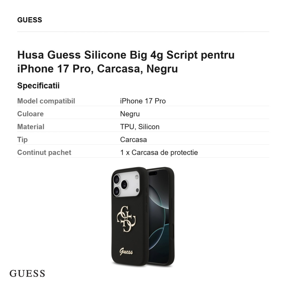Husa Guess Silicone Big 4g Script pentru iPhone 17 Pro, Carcasa, Negru [3]