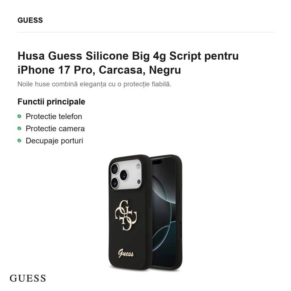 Husa Guess Silicone Big 4g Script pentru iPhone 17 Pro, Carcasa, Negru [2]