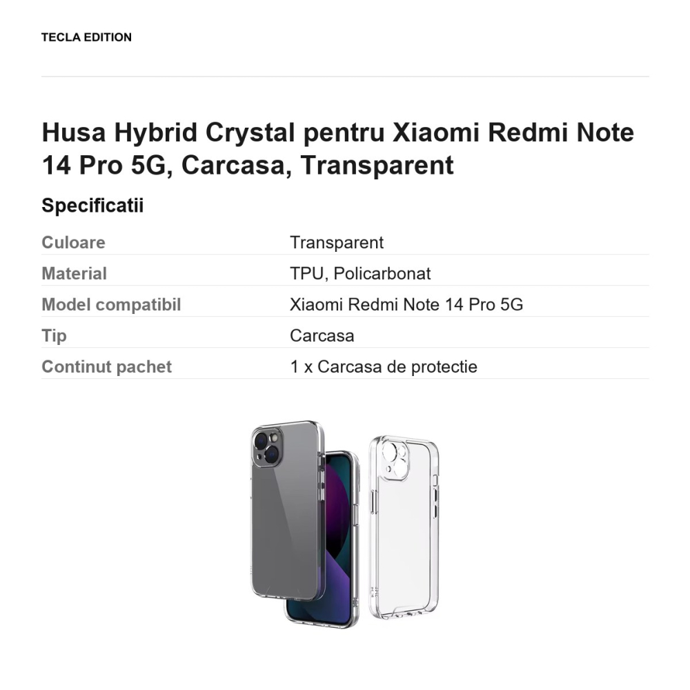 Husa Hybrid Crystal pentru Xiaomi Redmi Note 14 Pro 5G, Carcasa, Transparent [3]