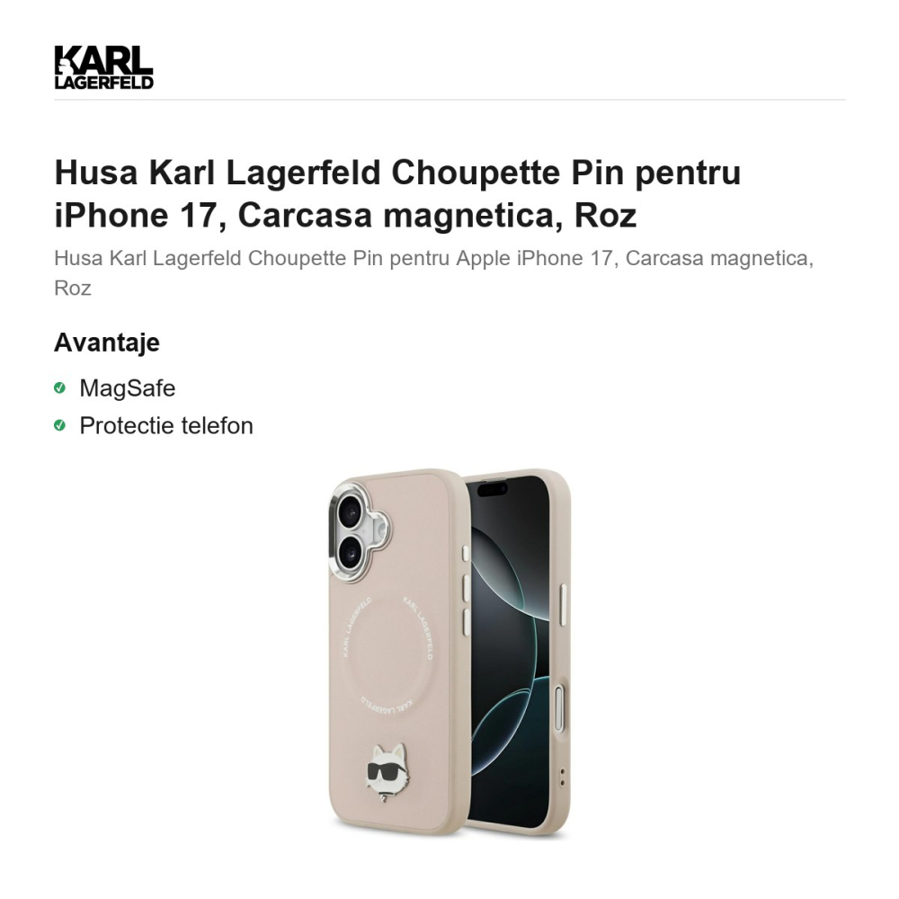Husa Karl Lagerfeld Choupette Pin pentru iPhone 17, Carcasa magnetica, Roz [2]