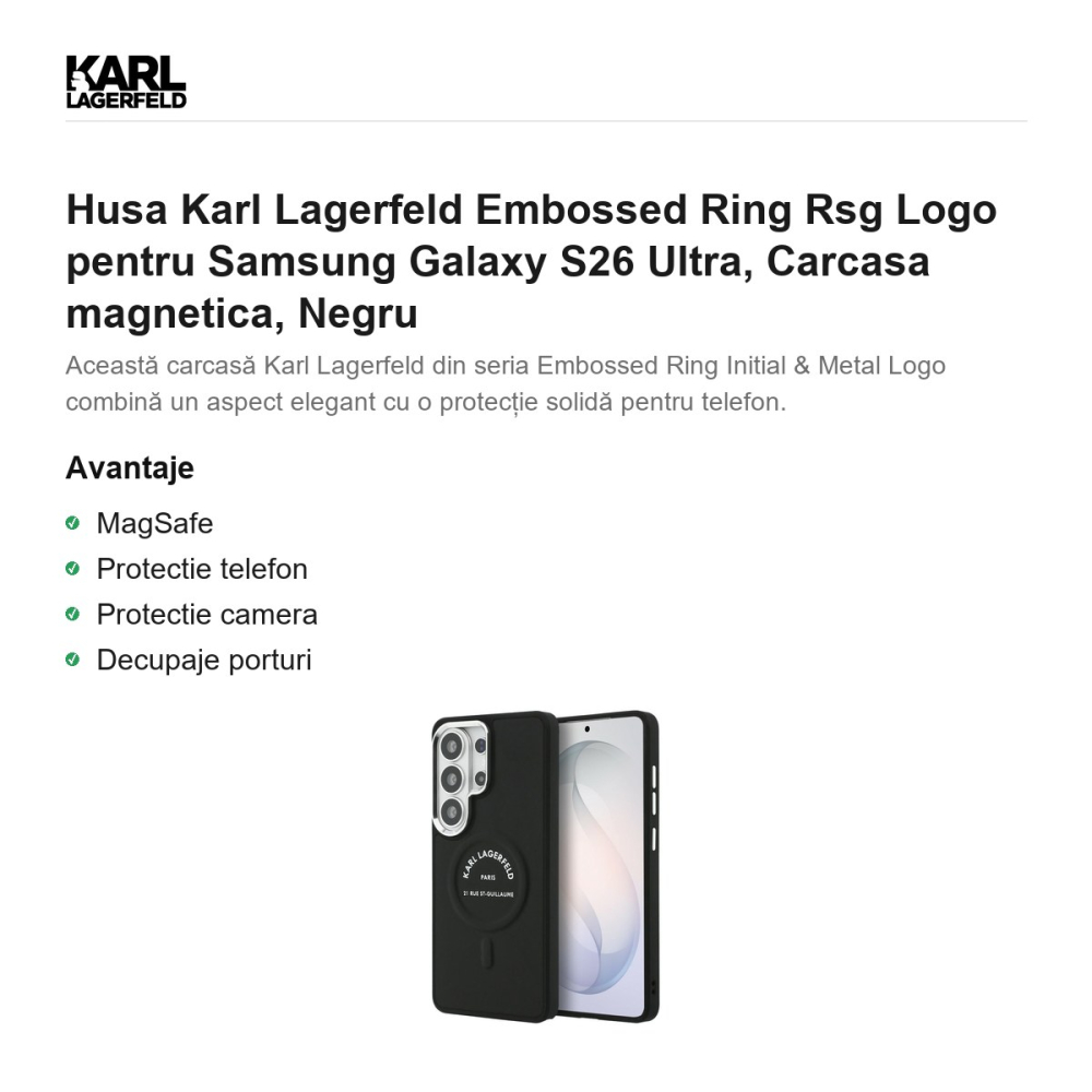 Husa Karl Lagerfeld Embossed Ring Rsg Logo pentru Samsung Galaxy S26 Ultra, Carcasa magnetica, Negru [2]