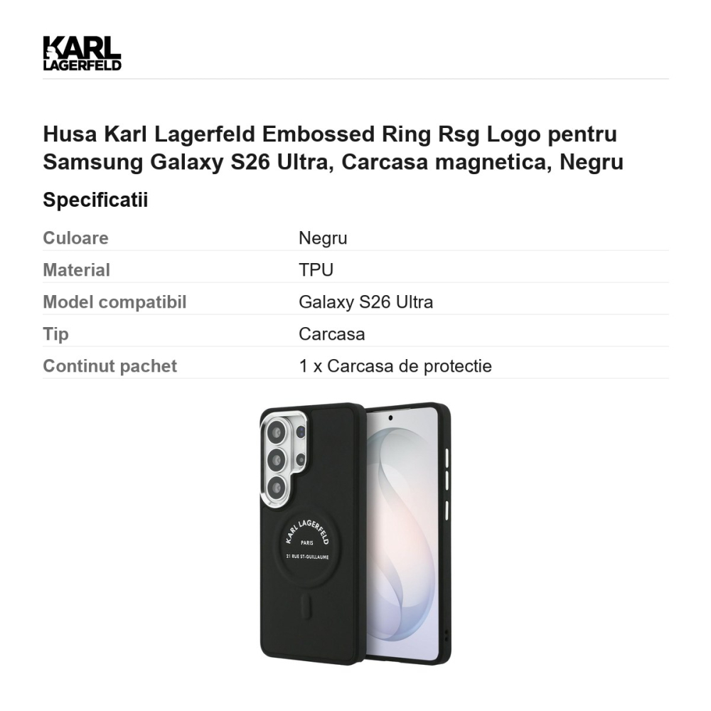 Husa Karl Lagerfeld Embossed Ring Rsg Logo pentru Samsung Galaxy S26 Ultra, Carcasa magnetica, Negru [3]