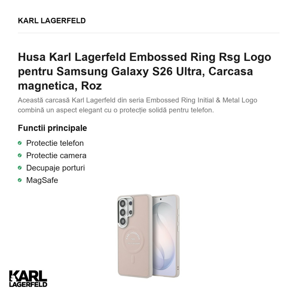 Husa Karl Lagerfeld Embossed Ring Rsg Logo pentru Samsung Galaxy S26 Ultra, Carcasa magnetica, Roz [2]