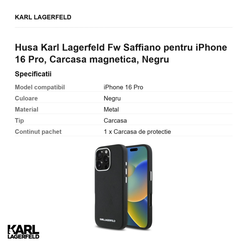 Husa Karl Lagerfeld Fw Saffiano pentru iPhone 16 Pro, Carcasa magnetica, Negru [3]