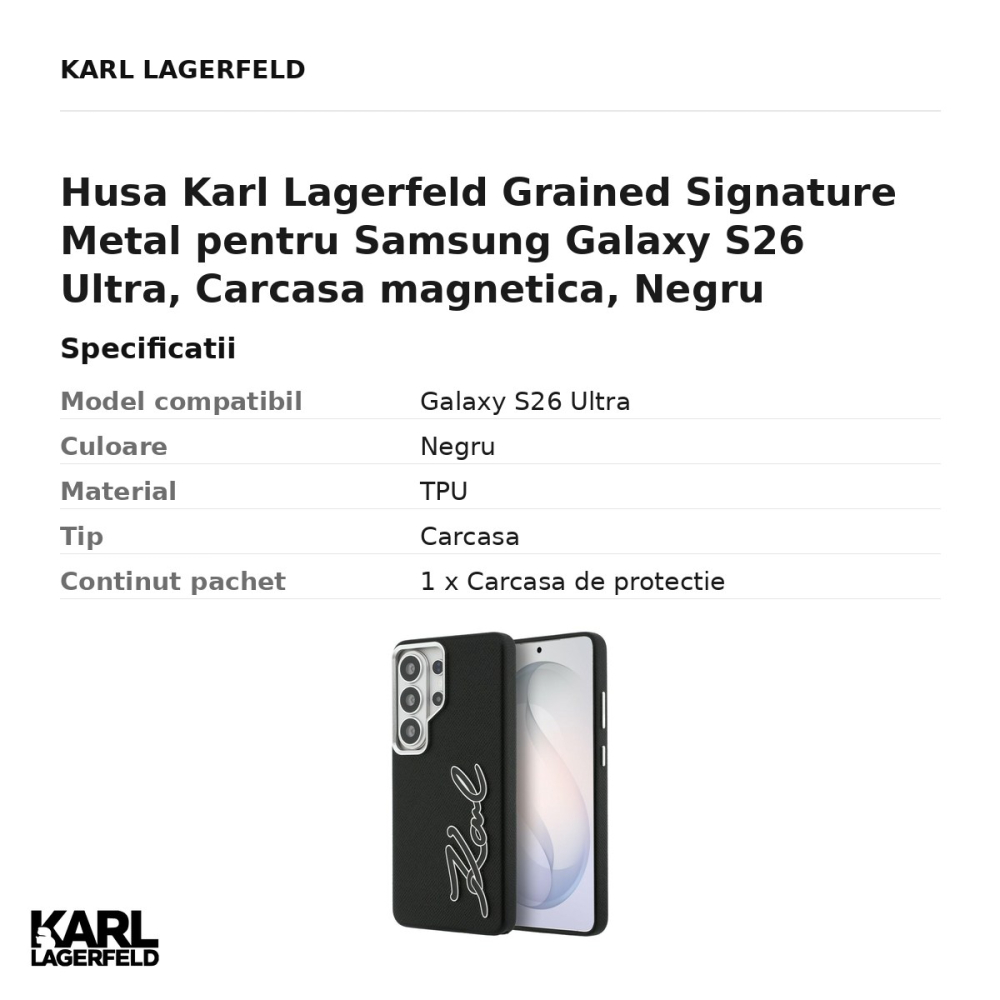 Husa Karl Lagerfeld Grained Signature Metal pentru Samsung Galaxy S26 Ultra, Carcasa magnetica, Negru [3]