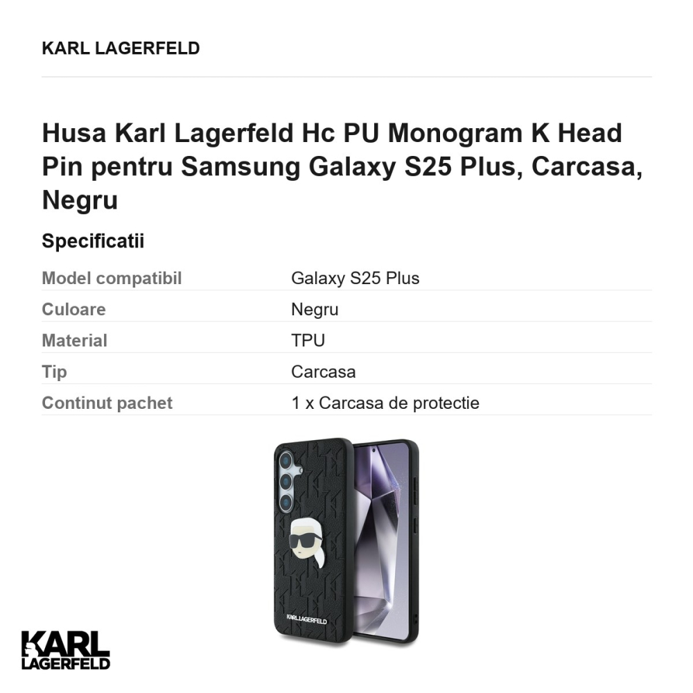 Husa Karl Lagerfeld Hc PU Monogram K Head Pin pentru Samsung Galaxy S25 Plus, Carcasa, Negru [3]