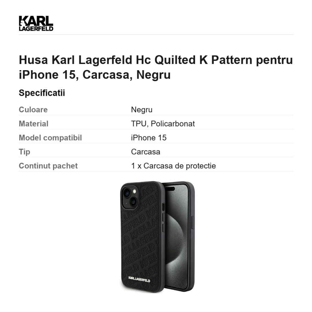 Husa Karl Lagerfeld Hc Quilted K Pattern pentru iPhone 15, Carcasa, Negru [3]