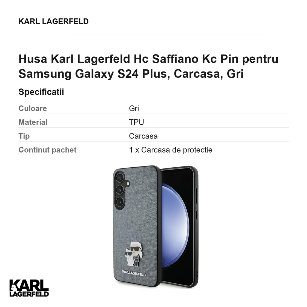 Husa Karl Lagerfeld Hc Saffiano Kc Pin pentru Samsung Galaxy S24 Plus, Carcasa, Gri [3]
