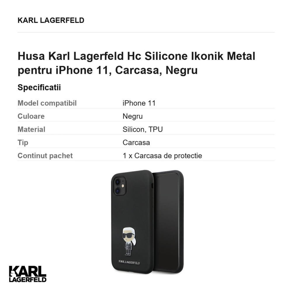 Husa Karl Lagerfeld Hc Silicone Ikonik Metal pentru iPhone 11, Carcasa, Negru [3]