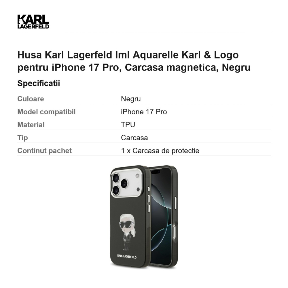 Husa Karl Lagerfeld Iml Aquarelle Karl & Logo pentru iPhone 17 Pro, Carcasa magnetica, Negru [3]