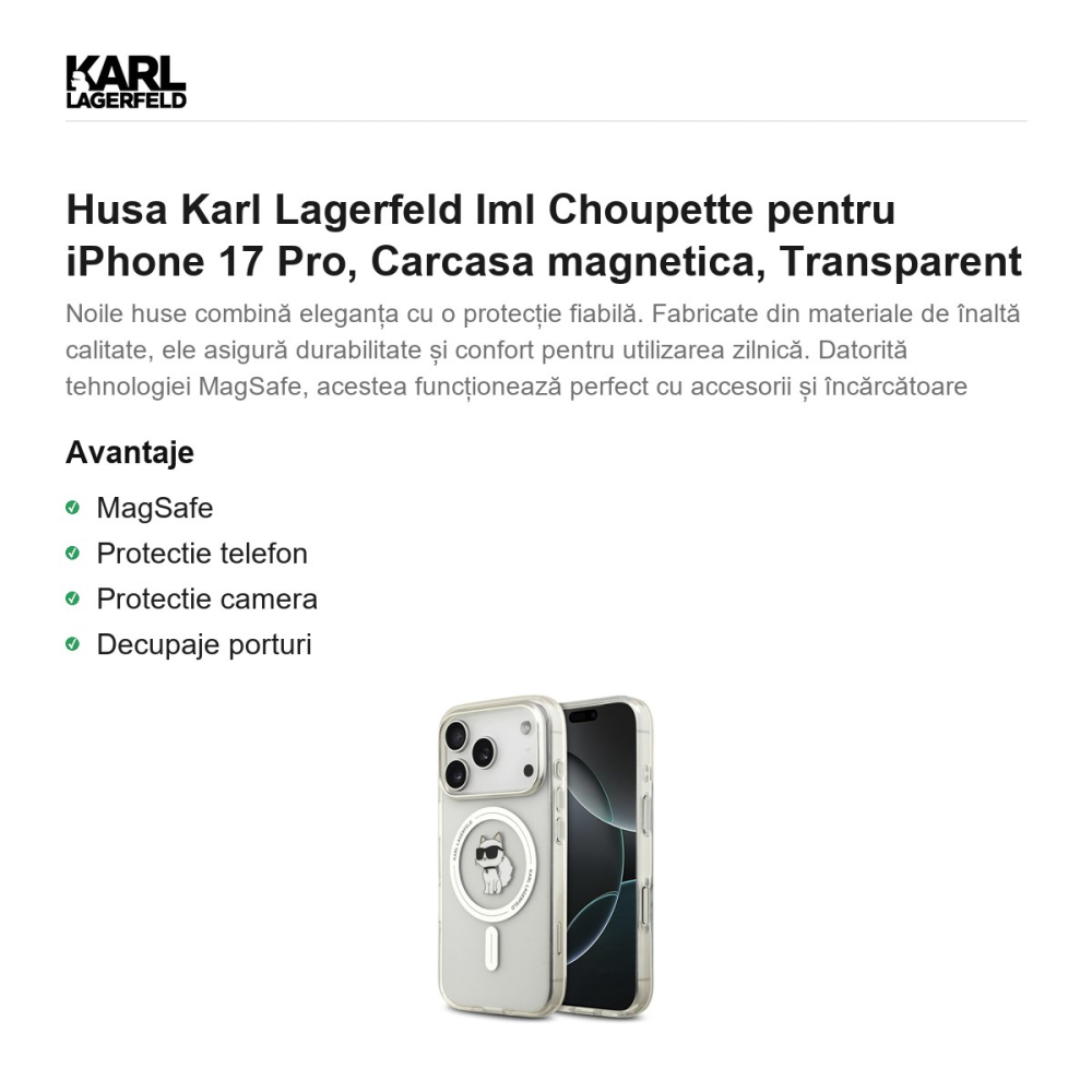 Husa Karl Lagerfeld Iml Choupette pentru iPhone 17 Pro, Carcasa magnetica, Transparent [2]
