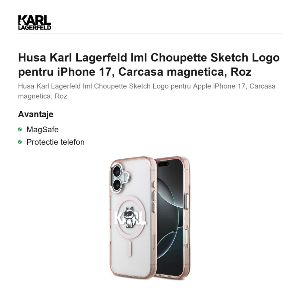 Husa Karl Lagerfeld Iml Choupette Sketch Logo pentru iPhone 17, Carcasa magnetica, Roz [2]