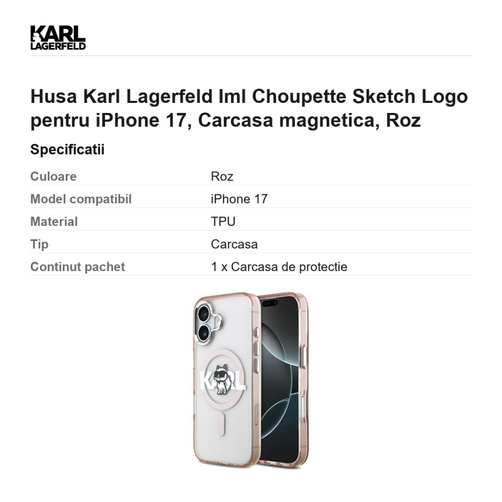 Husa Karl Lagerfeld Iml Choupette Sketch Logo pentru iPhone 17, Carcasa magnetica, Roz [3]