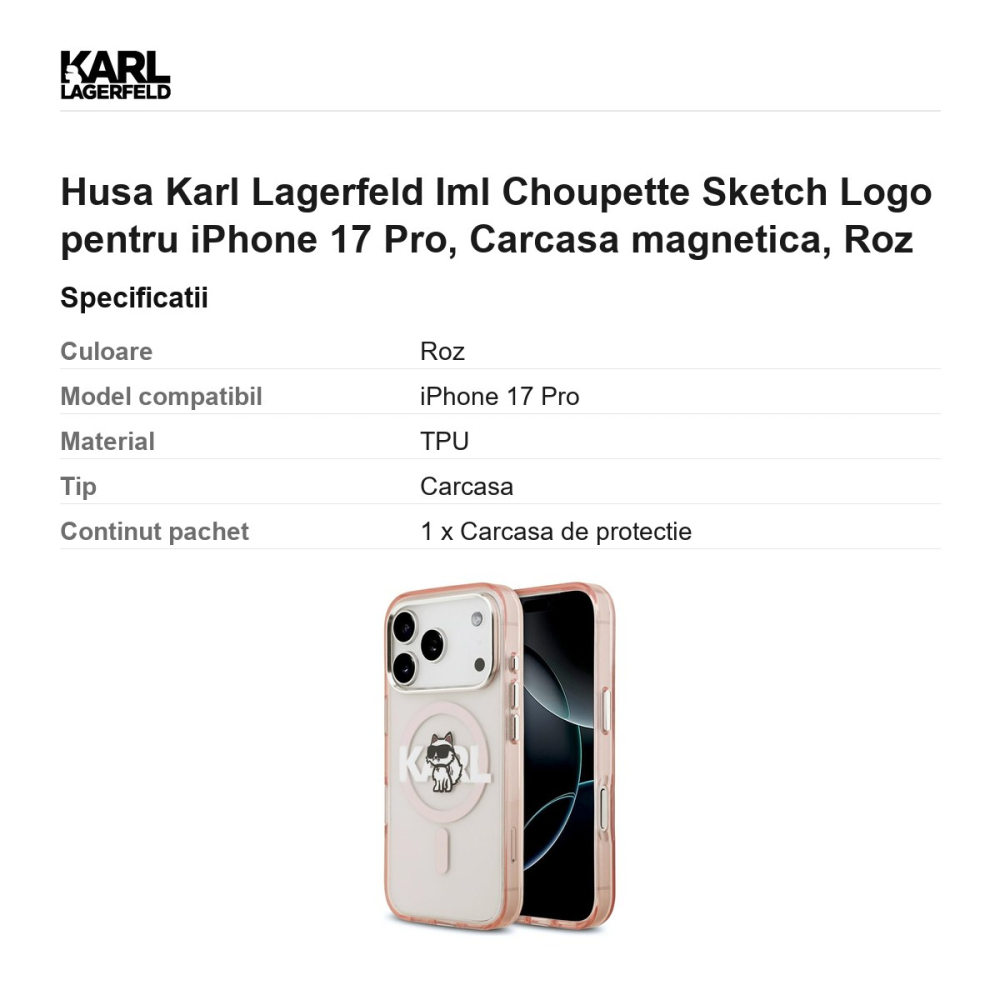 Husa Karl Lagerfeld Iml Choupette Sketch Logo pentru iPhone 17 Pro, Carcasa magnetica, Roz [3]