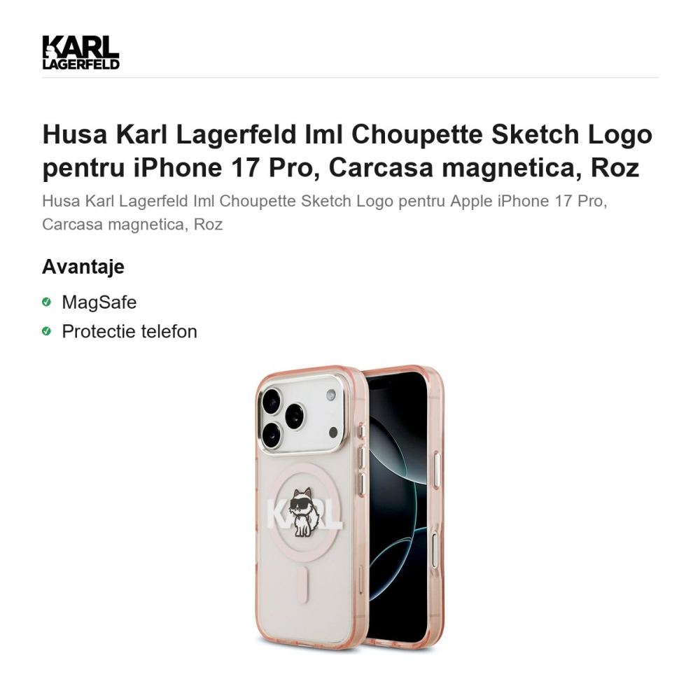 Husa Karl Lagerfeld Iml Choupette Sketch Logo pentru iPhone 17 Pro, Carcasa magnetica, Roz [2]