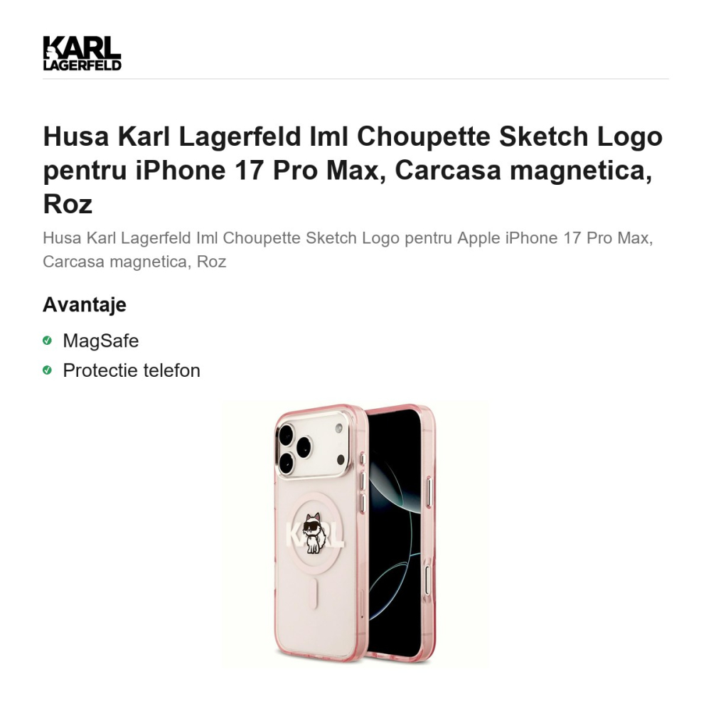 Husa Karl Lagerfeld Iml Choupette Sketch Logo pentru iPhone 17 Pro Max, Carcasa magnetica, Roz [2]