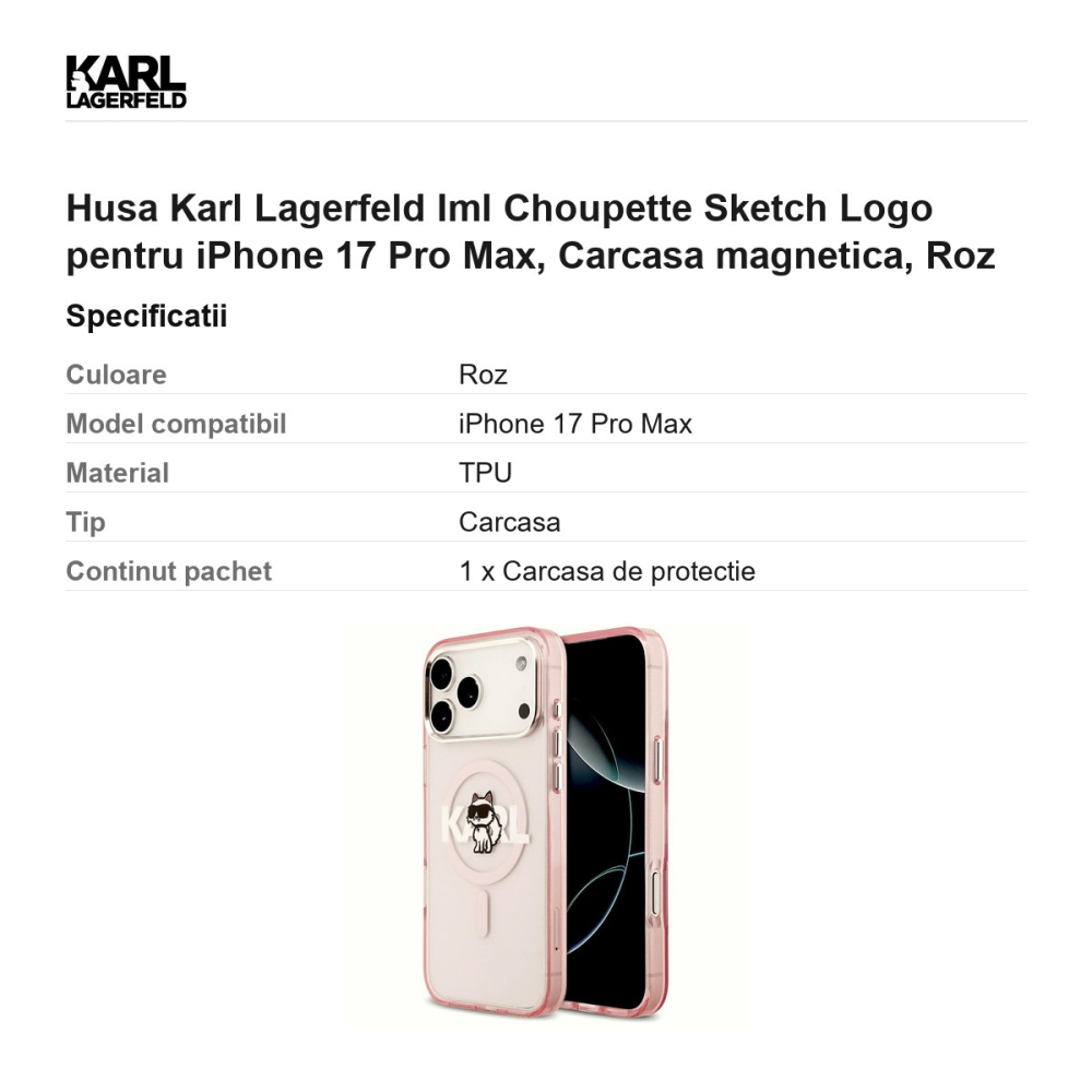 Husa Karl Lagerfeld Iml Choupette Sketch Logo pentru iPhone 17 Pro Max, Carcasa magnetica, Roz [3]