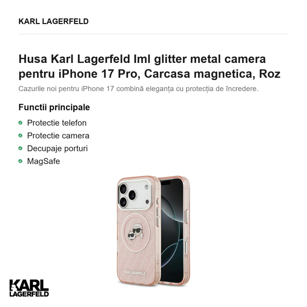 Husa Karl Lagerfeld Iml glitter metal camera pentru iPhone 17 Pro, Carcasa magnetica, Roz [2]