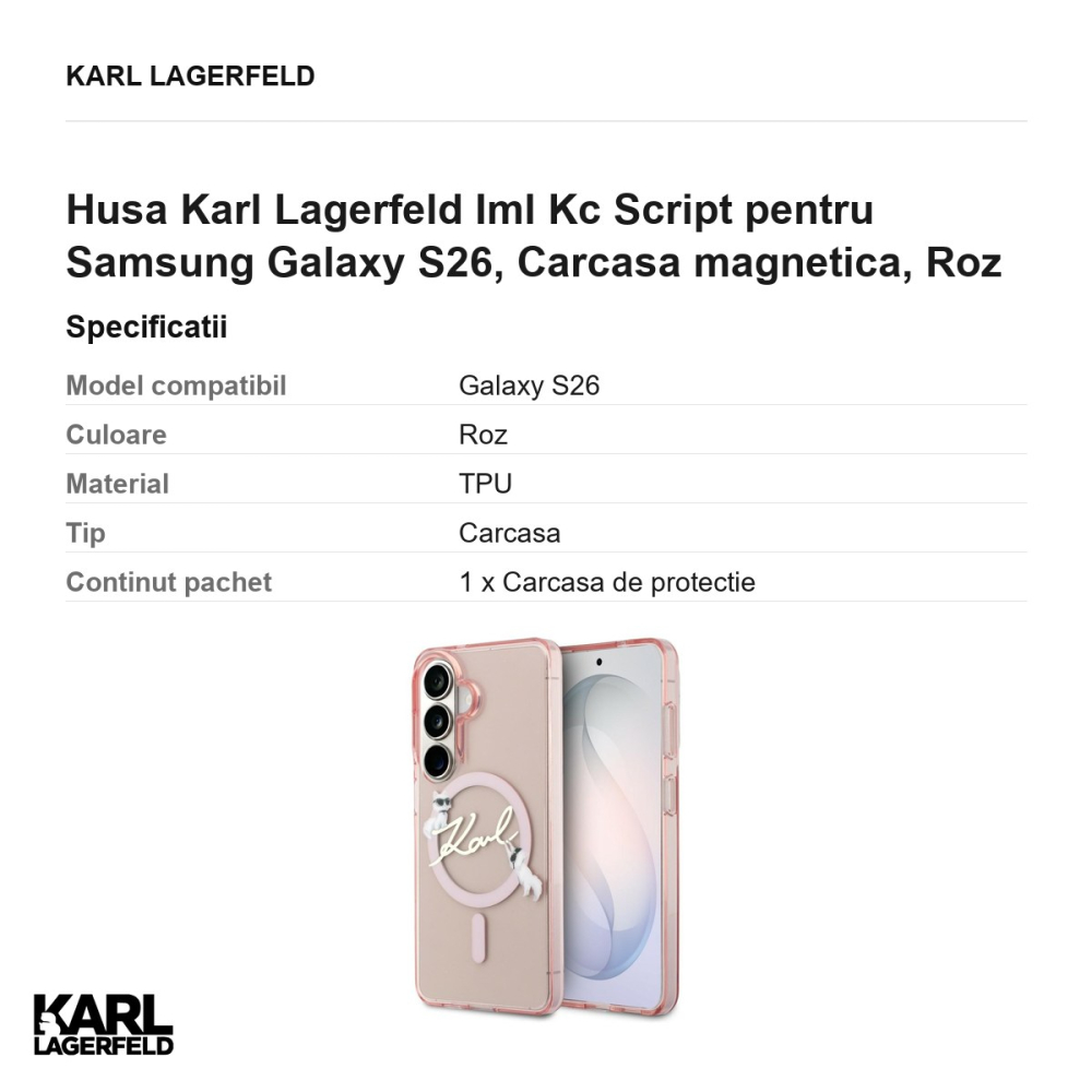 Husa Karl Lagerfeld Iml Kc Script pentru Samsung Galaxy S26, Carcasa magnetica, Roz [3]