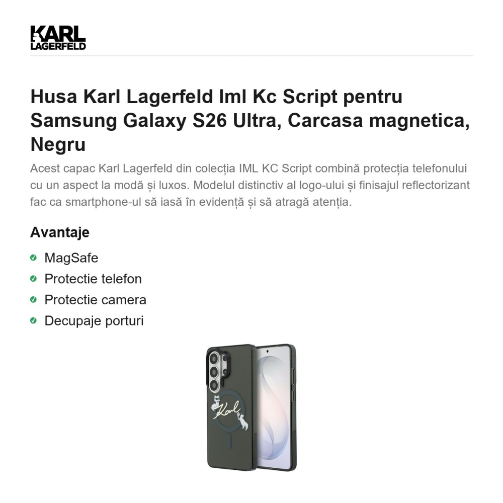 Husa Karl Lagerfeld Iml Kc Script pentru Samsung Galaxy S26 Ultra, Carcasa magnetica, Negru [2]