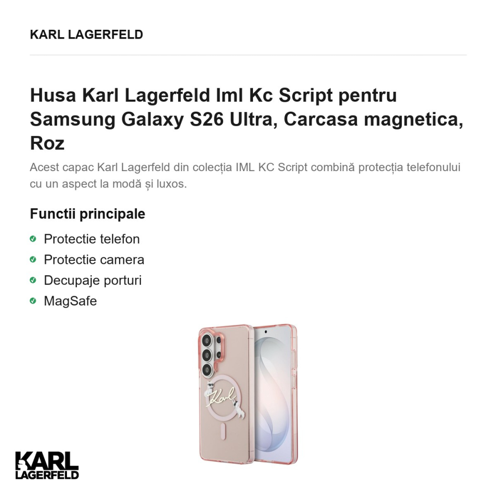 Husa Karl Lagerfeld Iml Kc Script pentru Samsung Galaxy S26 Ultra, Carcasa magnetica, Roz [2]