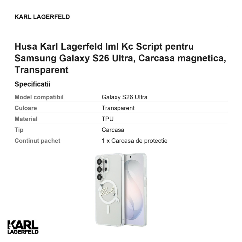 Husa Karl Lagerfeld Iml Kc Script pentru Samsung Galaxy S26 Ultra, Carcasa magnetica, Transparent [3]