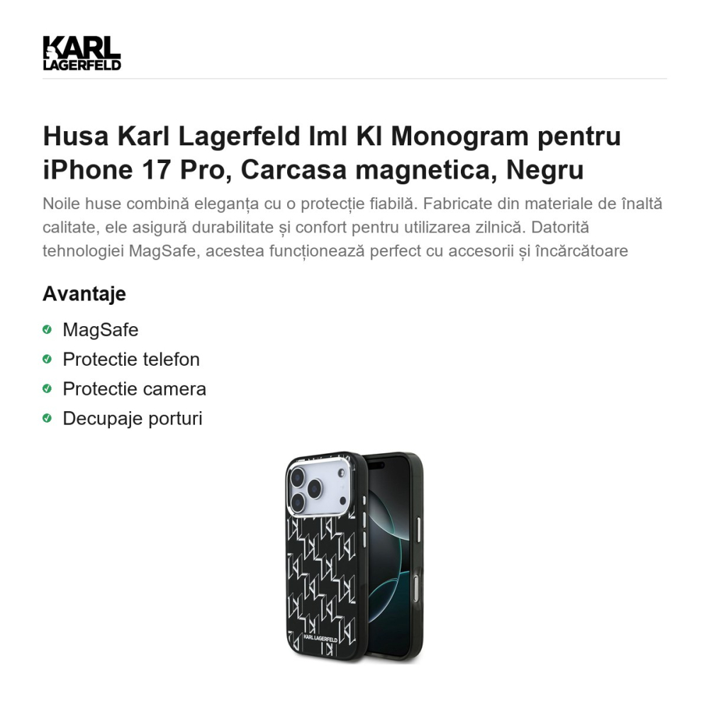Husa Karl Lagerfeld Iml Kl Monogram pentru iPhone 17 Pro, Carcasa magnetica, Negru [2]