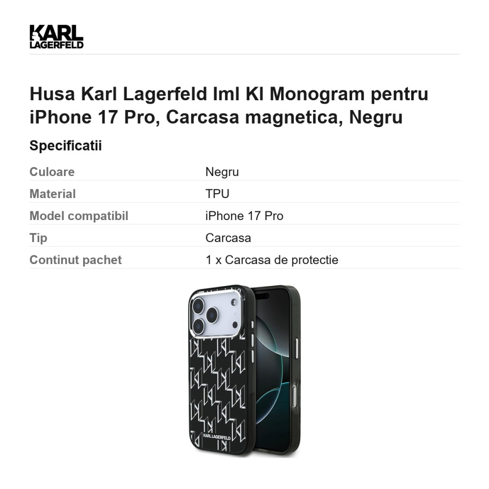 Husa Karl Lagerfeld Iml Kl Monogram pentru iPhone 17 Pro, Carcasa magnetica, Negru [3]