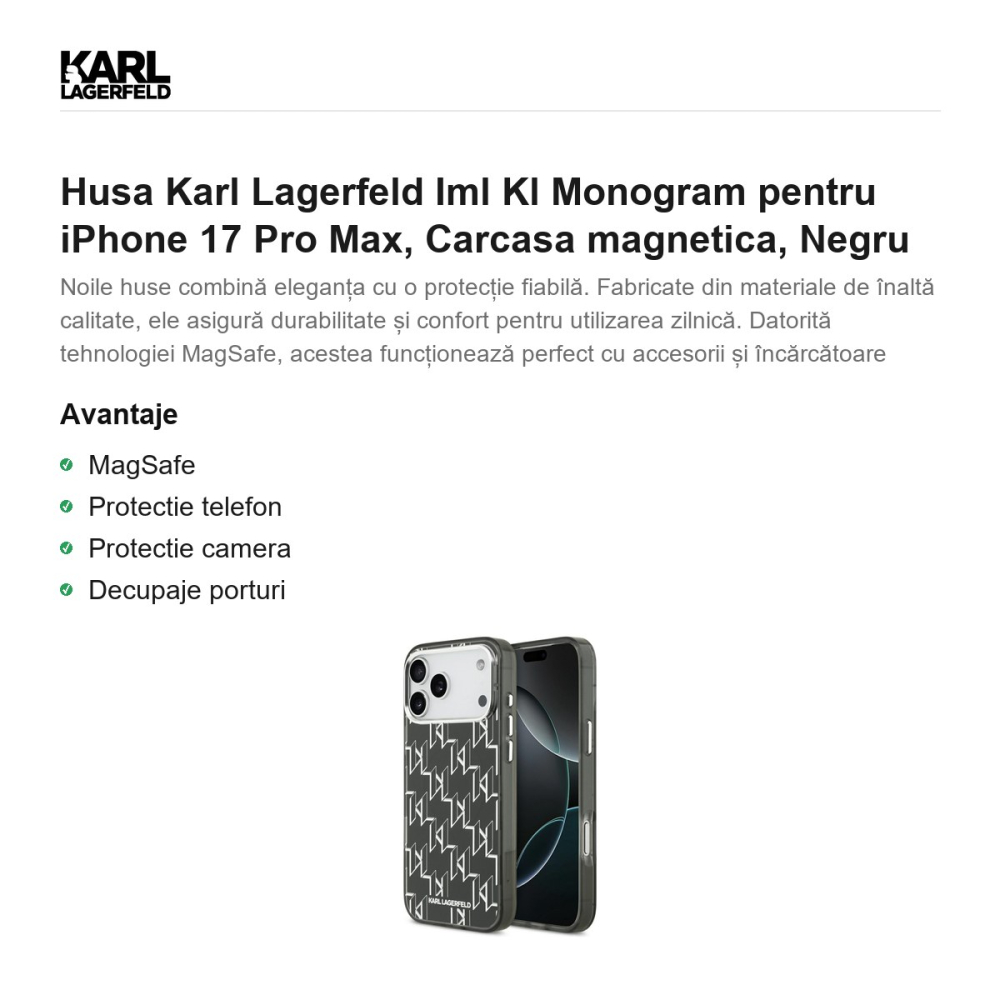 Husa Karl Lagerfeld Iml Kl Monogram pentru iPhone 17 Pro Max, Carcasa magnetica, Negru [2]