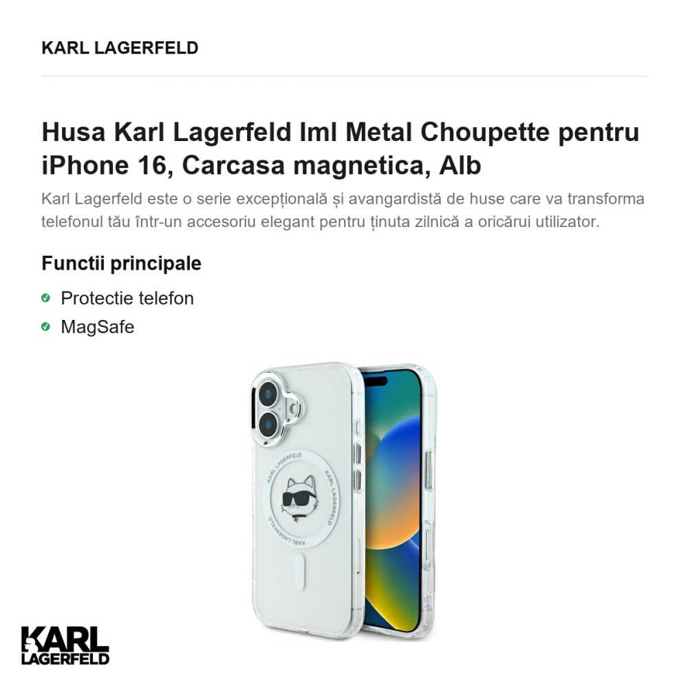 Husa Karl Lagerfeld Iml Metal Choupette pentru iPhone 16, Carcasa magnetica, Alb [2]
