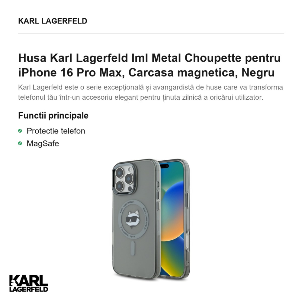 Husa Karl Lagerfeld Iml Metal Choupette pentru iPhone 16 Pro Max, Carcasa magnetica, Negru [2]