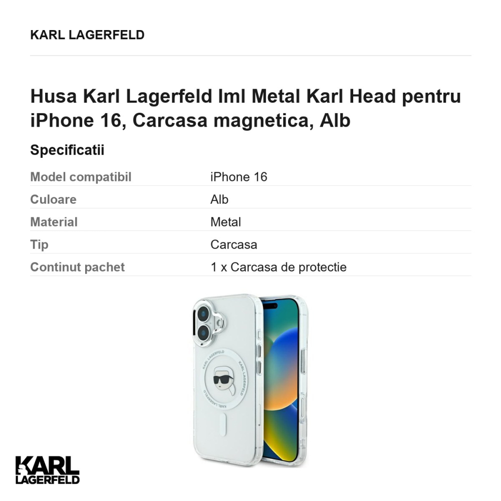 Husa Karl Lagerfeld Iml Metal Karl Head pentru iPhone 16, Carcasa magnetica, Alb [3]