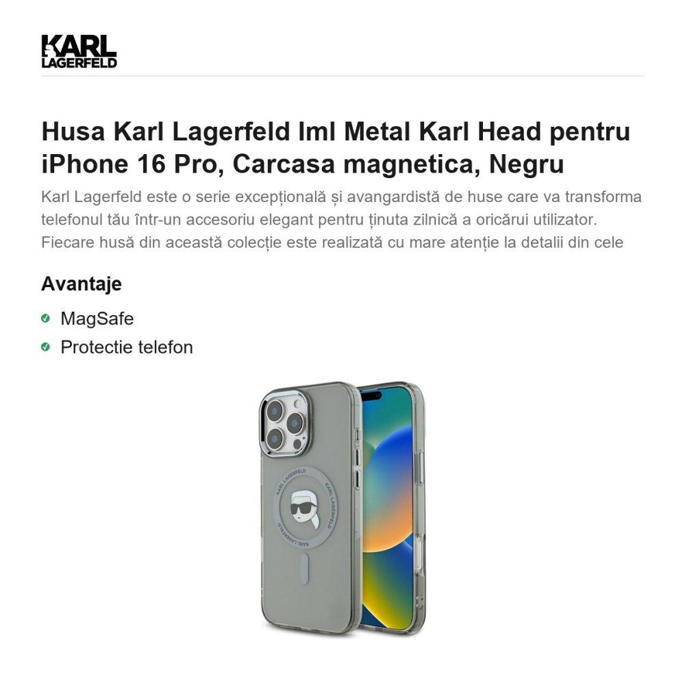 Husa Karl Lagerfeld Iml Metal Karl Head pentru iPhone 16 Pro, Carcasa magnetica, Negru [2]