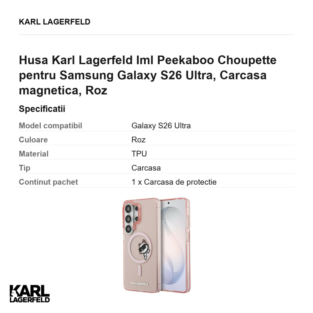Husa Karl Lagerfeld Iml Peekaboo Choupette pentru Samsung Galaxy S26 Ultra, Carcasa magnetica, Roz [3]
