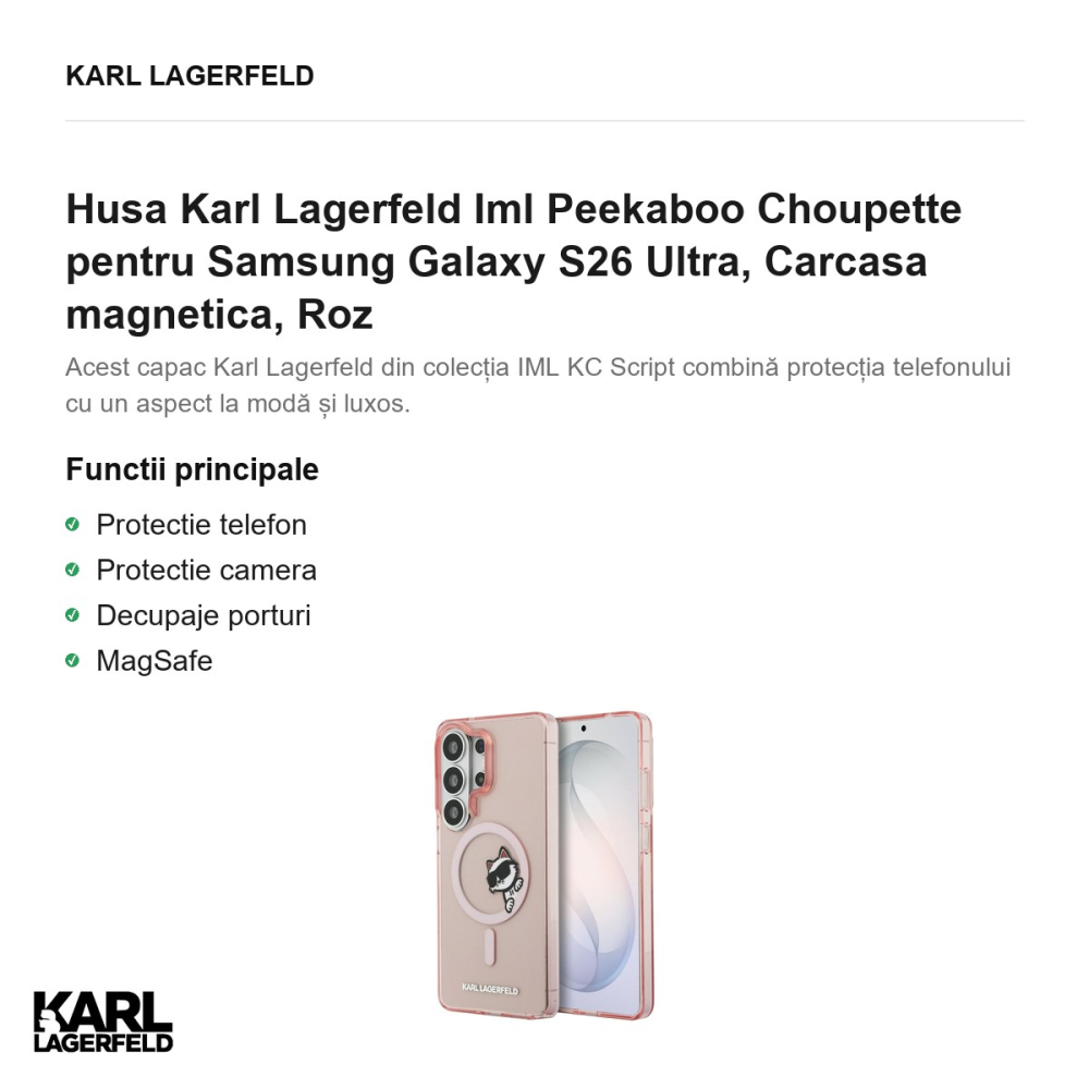 Husa Karl Lagerfeld Iml Peekaboo Choupette pentru Samsung Galaxy S26 Ultra, Carcasa magnetica, Roz [2]