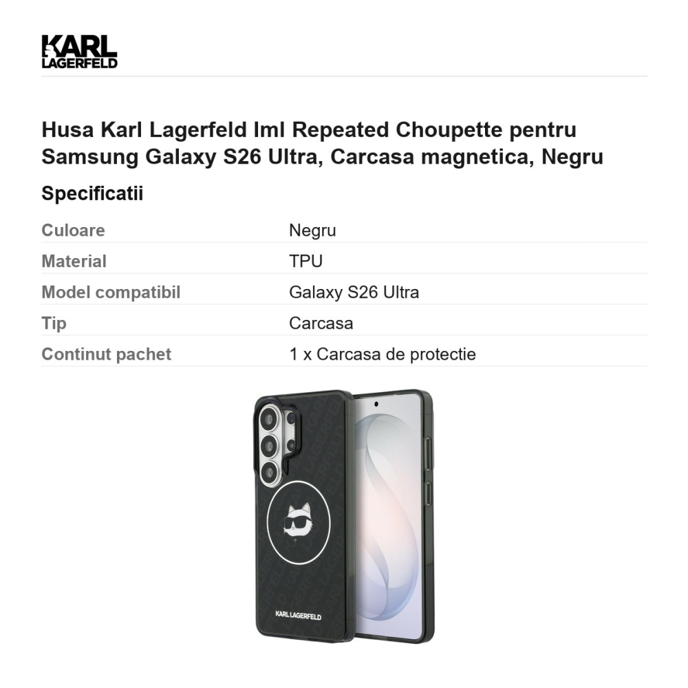 Husa Karl Lagerfeld Iml Repeated Choupette pentru Samsung Galaxy S26 Ultra, Carcasa magnetica, Negru [3]