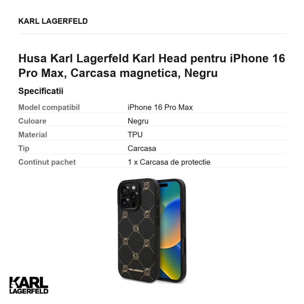 Husa Karl Lagerfeld Karl Head pentru iPhone 16 Pro Max, Carcasa magnetica, Negru [3]